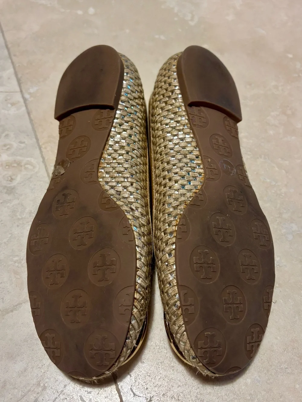 Tory Burch Reva Gold Woven Medallion Logo Leather Ballet Flats size 5